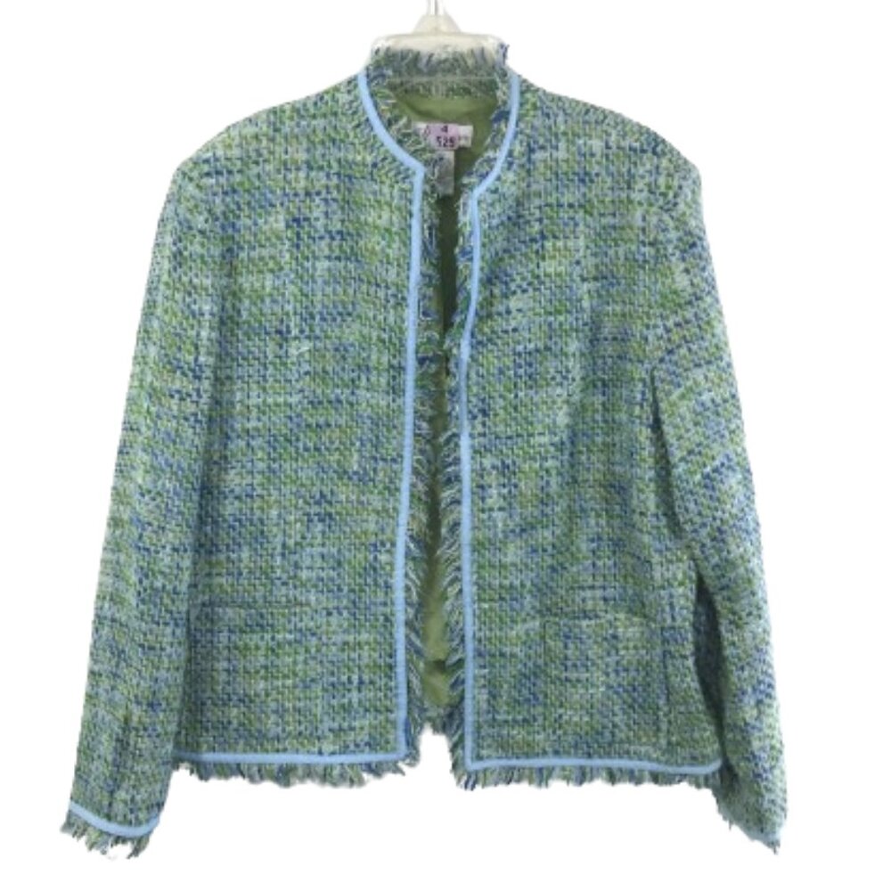 Dressbarn Sz 16 Tweed Open Front Blazer Fringe Pockets Green Blue - Picture 2 of 9